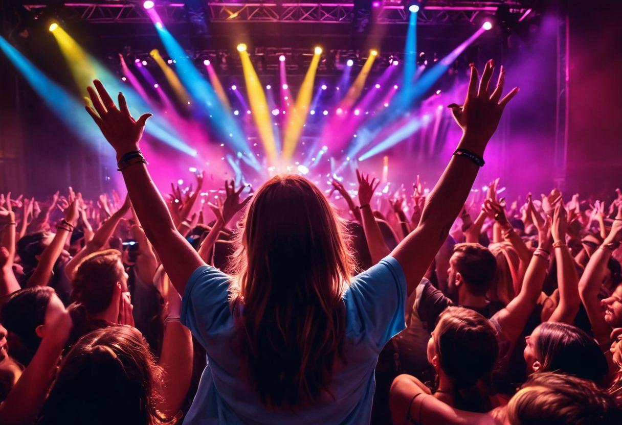 A vibrant concert scene showcasing a diverse crowd of passionate fans, emotions soaring as they connect with a charismatic performer on stage, colorful lights illuminating the night. Include elements like raised hands, glowing merchandise, and expressions of joy and camaraderie among the audience, emphasizing the energy of live music. super-realistic. vibrant colors. dynamic lighting.