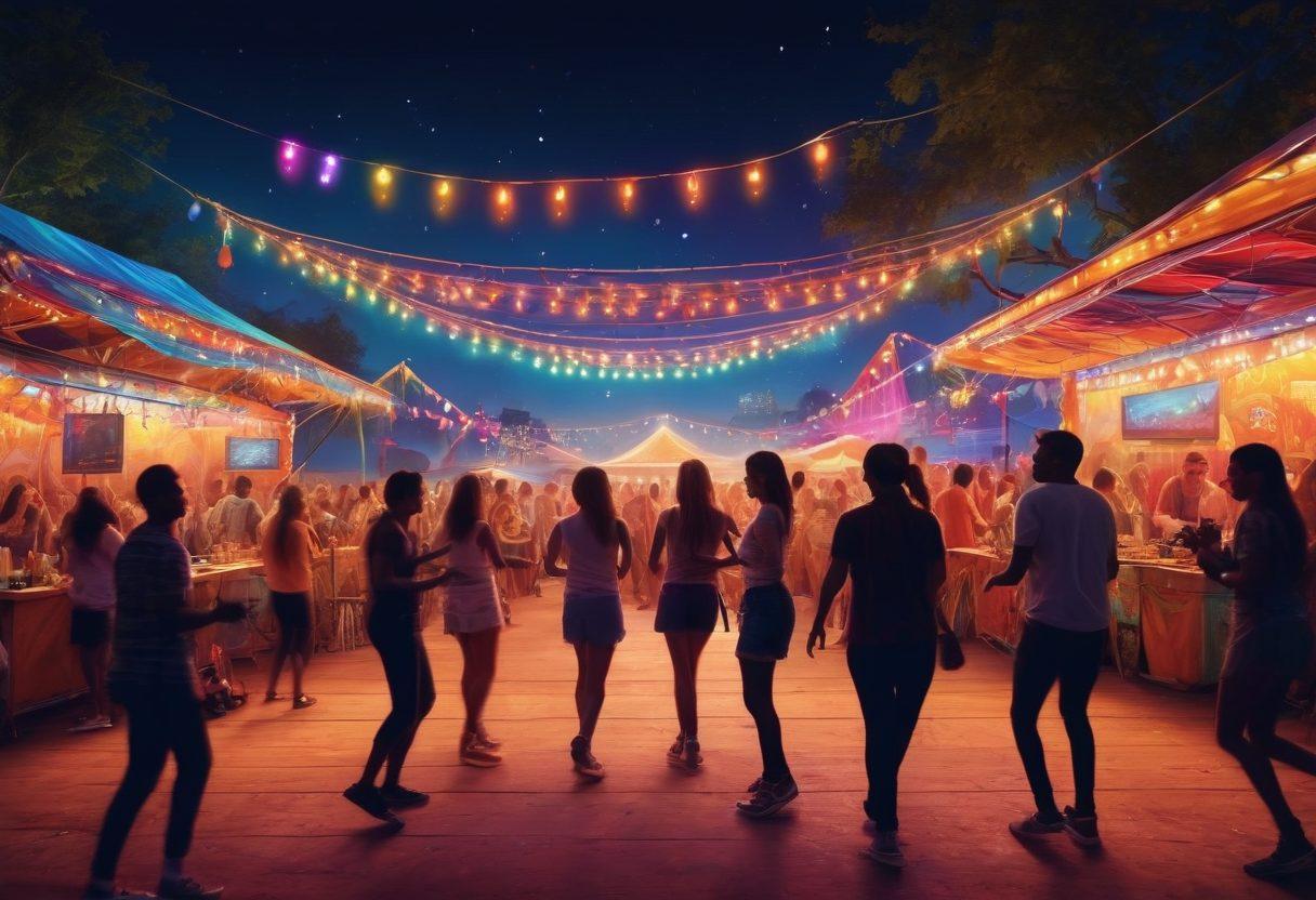 A vibrant music festival scene, featuring diverse groups of people dancing together under colorful stage lights. Incorporate elements like food stalls, art installations, and a sense of community with smiling faces. Showcase various musical instruments and decorations that symbolize love and connection. Capture the atmosphere of joy and celebration. super-realistic. vibrant colors.