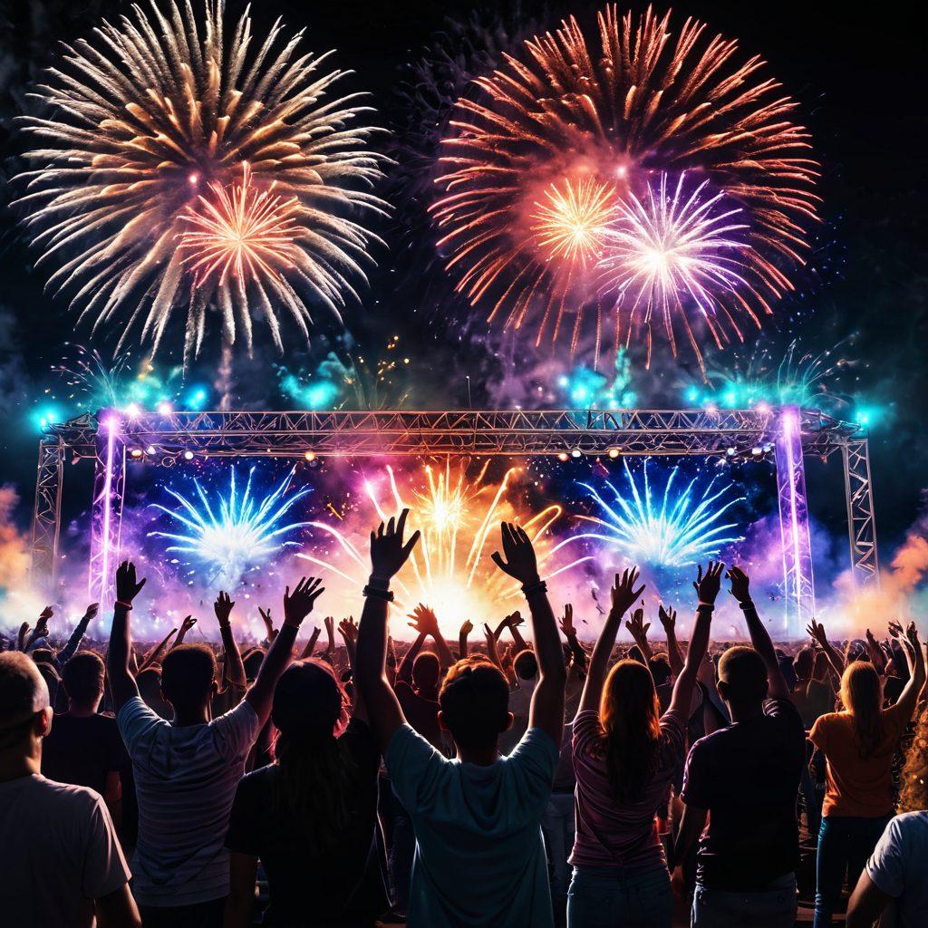 A vibrant scene at a music festival, showcasing a diverse crowd of enthusiastic fans dancing and connecting with each other under colorful stage lights. Include a live band performing energetically on stage and visual elements like holographic displays and light beams that evoke a sense of joy and unity. The atmosphere should be electric, with fireworks in the background adding to the excitement. bright colors. 3D. super-realistic.